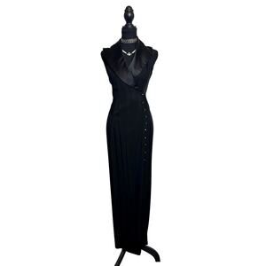Dave & Johnny Black Tuxedo Maxi Dress Side Slit Formal Gown Met Gala Inspired